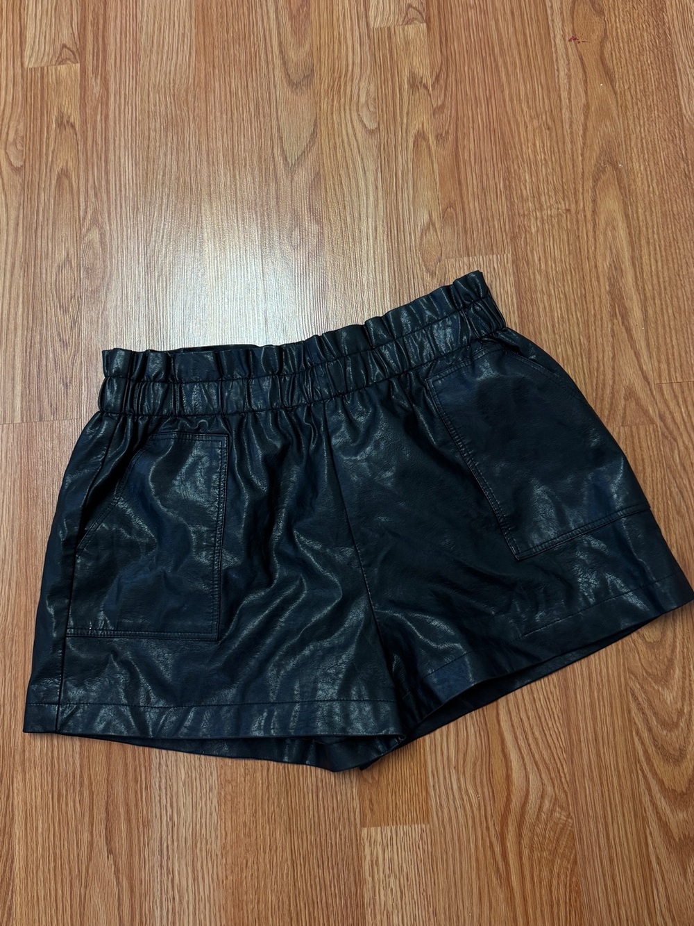 Black Faux Leather Elastic Waist Shorts
